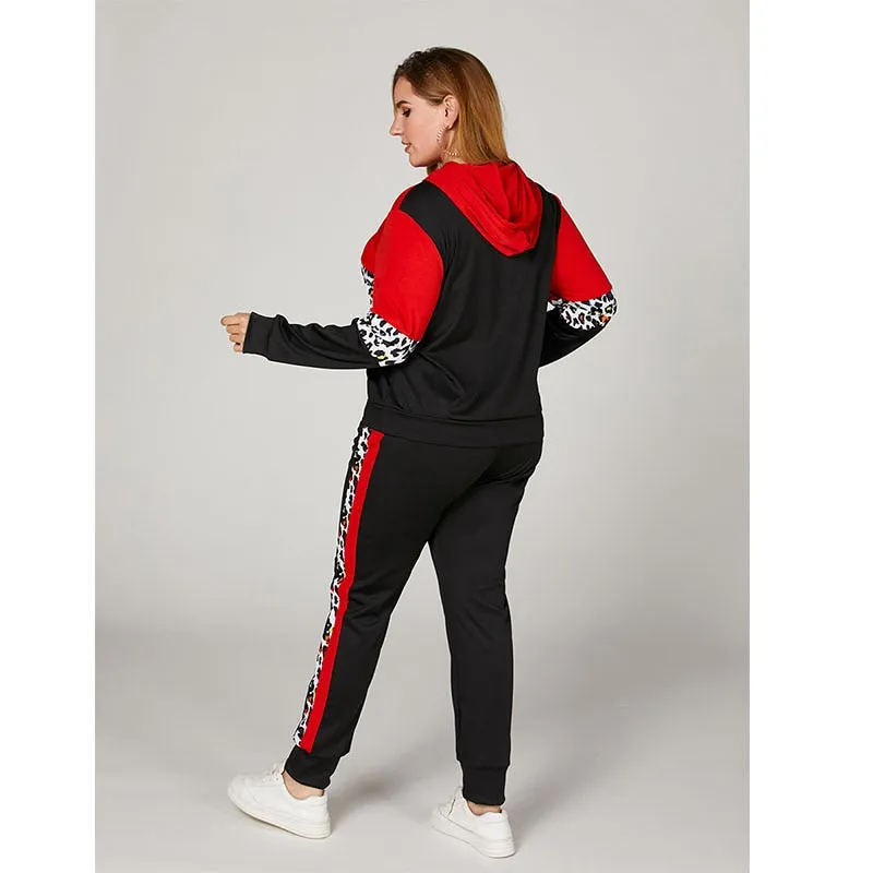4XL 2XL Patchwork Red Black & Leoaprd Print Tracksuit Pullover Hoodie w/ Pants Plus Size Women