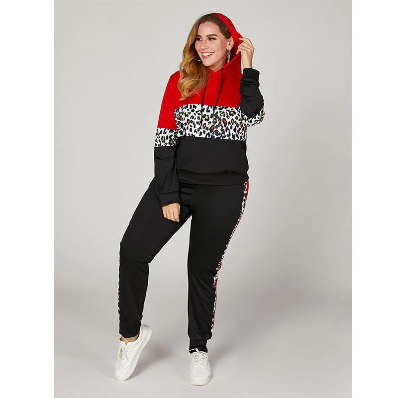 4XL 2XL Patchwork Red Black & Leoaprd Print Tracksuit Pullover Hoodie w/ Pants Plus Size Women