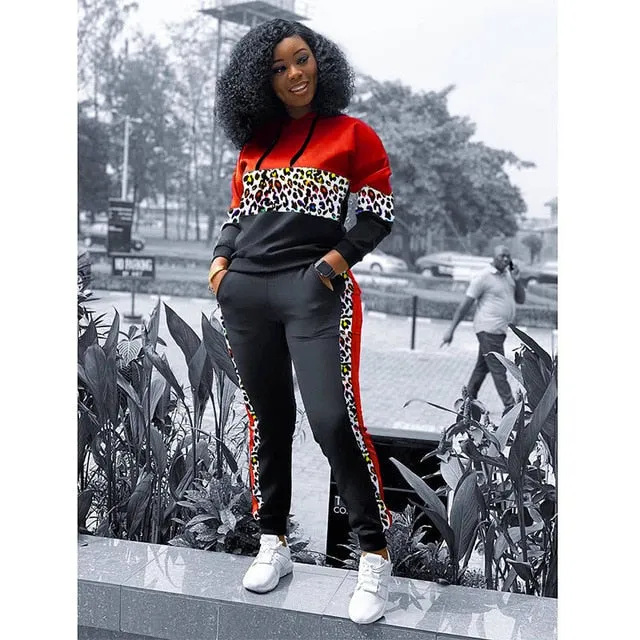 4XL 2XL Patchwork Red Black & Leoaprd Print Tracksuit Pullover Hoodie w/ Pants Plus Size Women