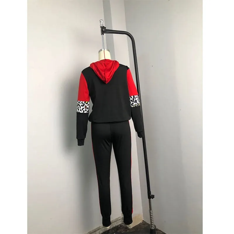 4XL 2XL Patchwork Red Black & Leoaprd Print Tracksuit Pullover Hoodie w/ Pants Plus Size Women