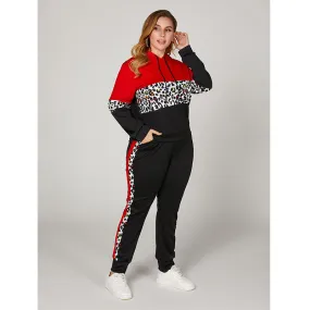 4XL 2XL Patchwork Red Black & Leoaprd Print Tracksuit Pullover Hoodie w/ Pants Plus Size Women