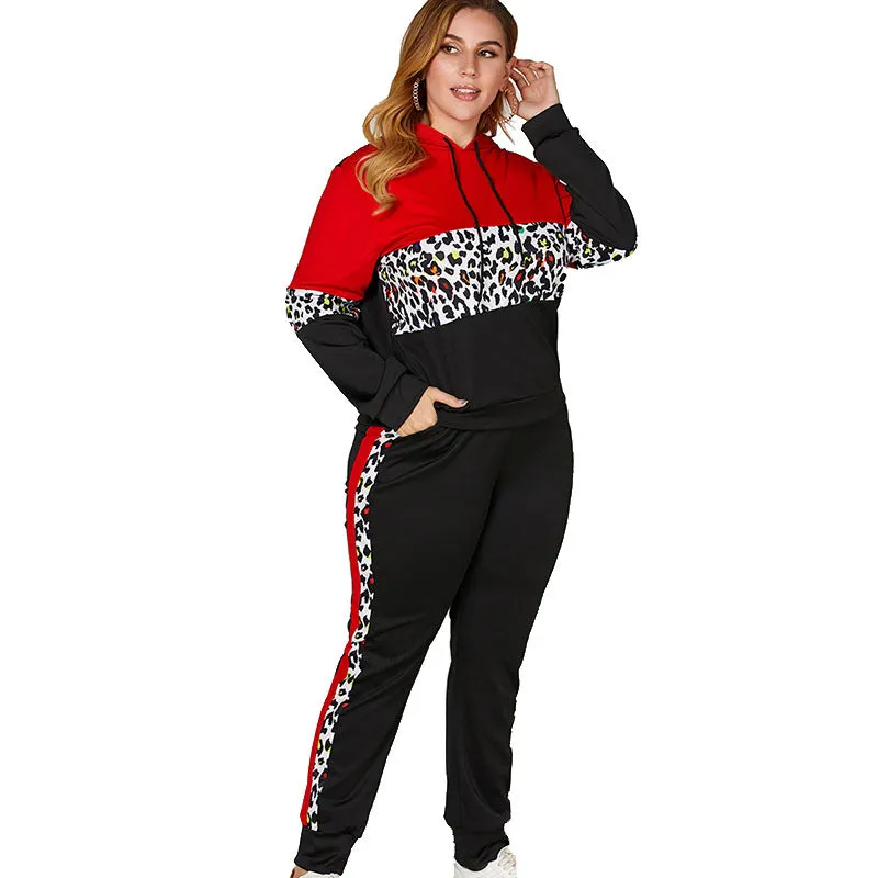 4XL 2XL Patchwork Red Black & Leoaprd Print Tracksuit Pullover Hoodie w/ Pants Plus Size Women