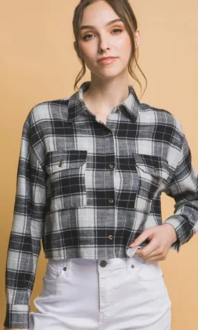 Abonea Black Plaid Button Front Cropped Shirt Jacket