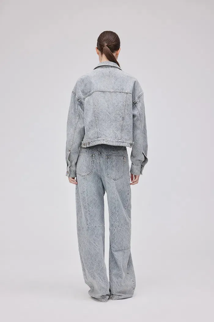 Ainsley Textured Cropped Jacket in Washed Jacquard Denim