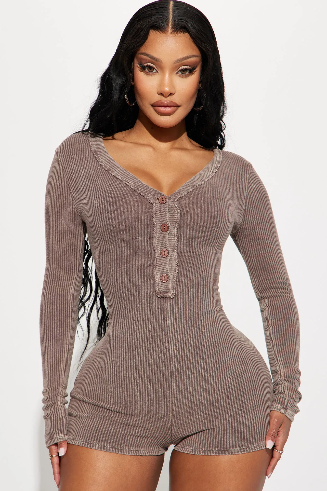 Andy Mineral Wash Rib Romper - Brown
