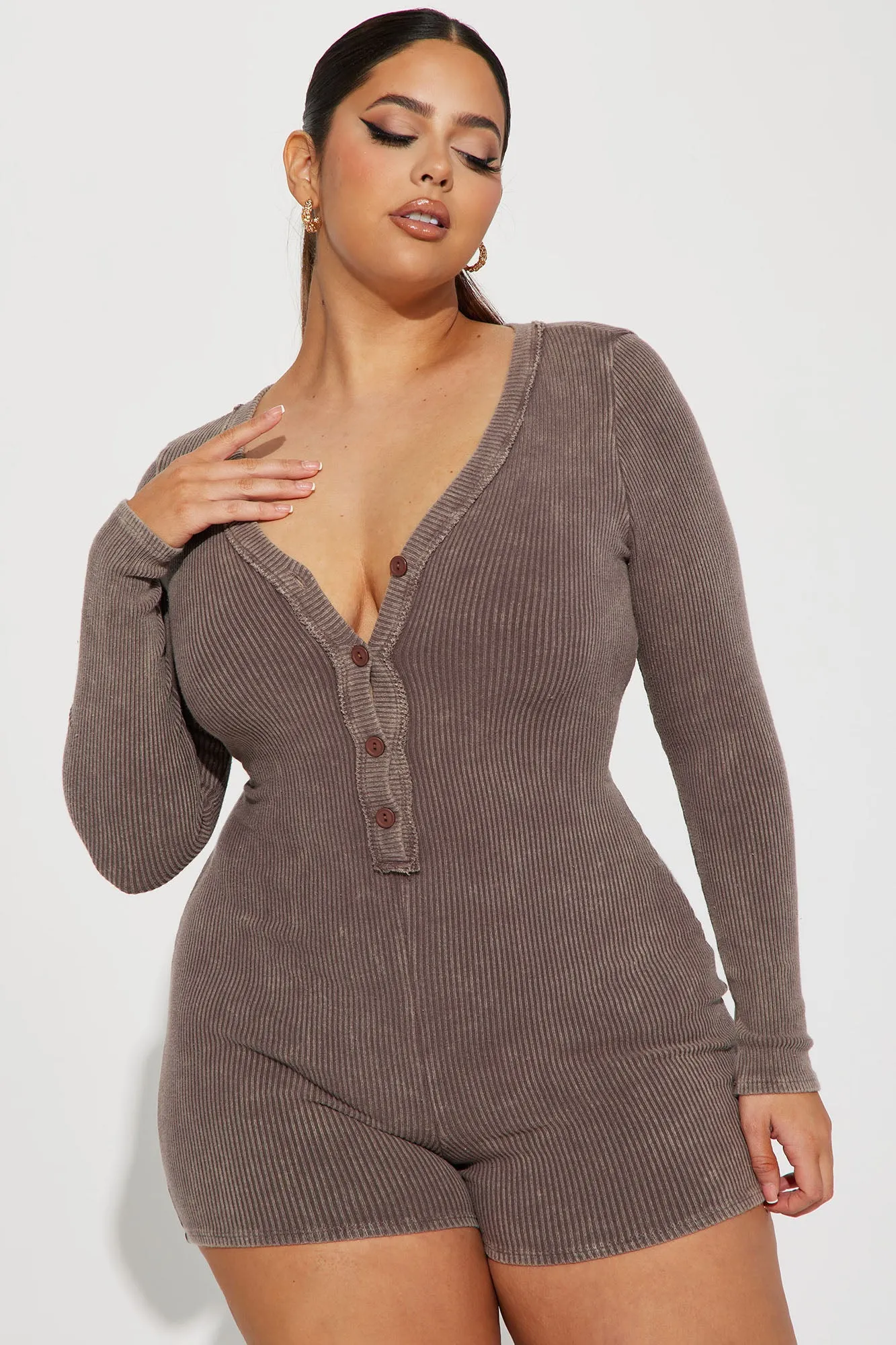 Andy Mineral Wash Rib Romper - Brown