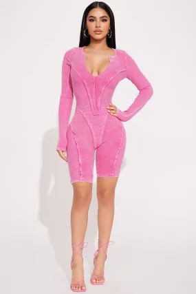 Angela Mineral Wash Rib Romper - Pink