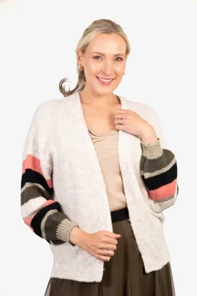 April Balloon Sleeve Cardigan - Cream/Khaki, Colourblock