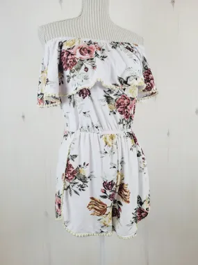 ARDENES WHITE OFF THE SHOULDER FLORAL ROMPER LADIES MEDIUM PRE-LOVED