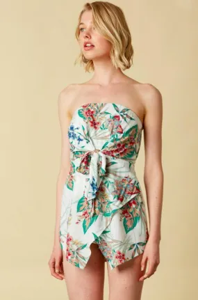 Ariah Front-Tie Tropical Print Strapless Romper
