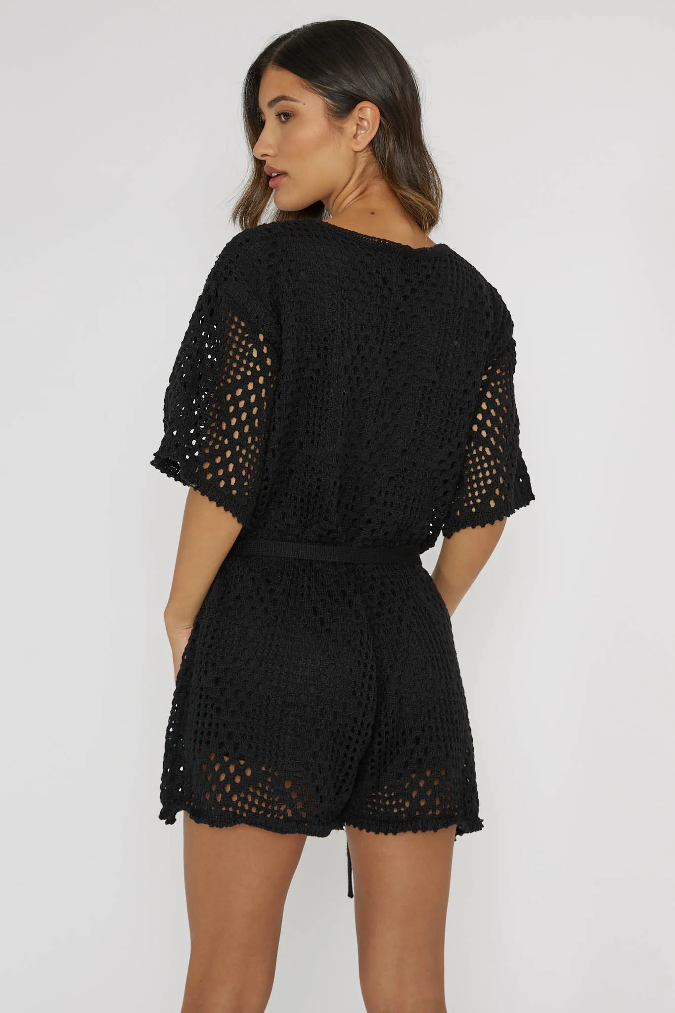 Asana Crochet Button Romper Black