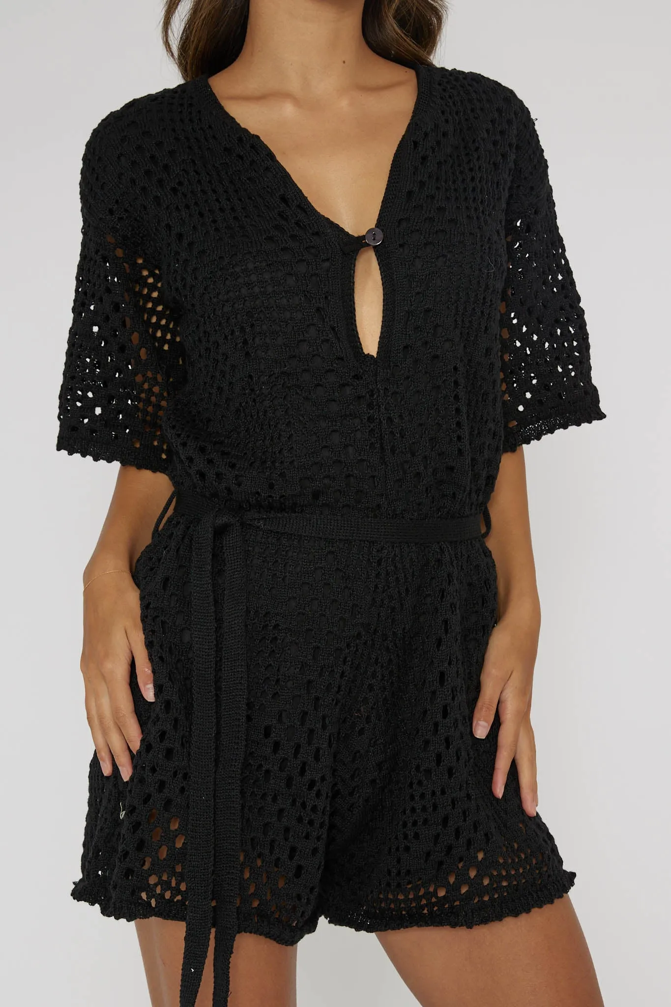 Asana Crochet Button Romper Black