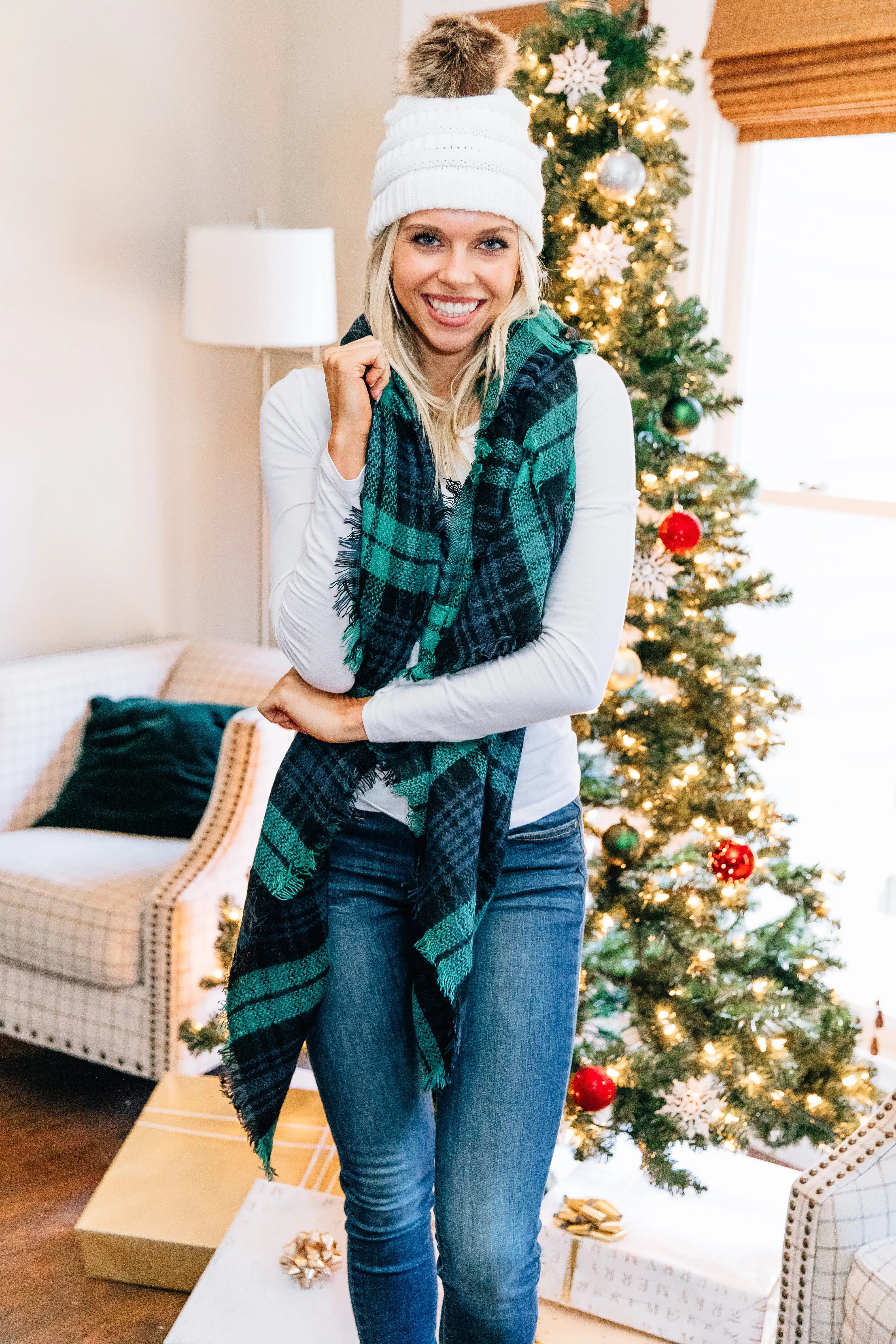 Autumn Air Green And Navy Plaid Blanket Scarf