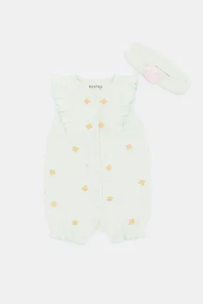 Baby Green Embellished Jacquard Romper And Headband (2 Piece)