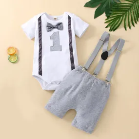 Babymoon 1st Birthday Cake Smash Outfit |Romper & Suspender Costume | 1 Yr - Grey