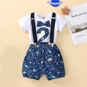 Babymoon 2nd Birthday Cake Smash Outfit |Romper & Suspender Costume | 2 Yr - Blue