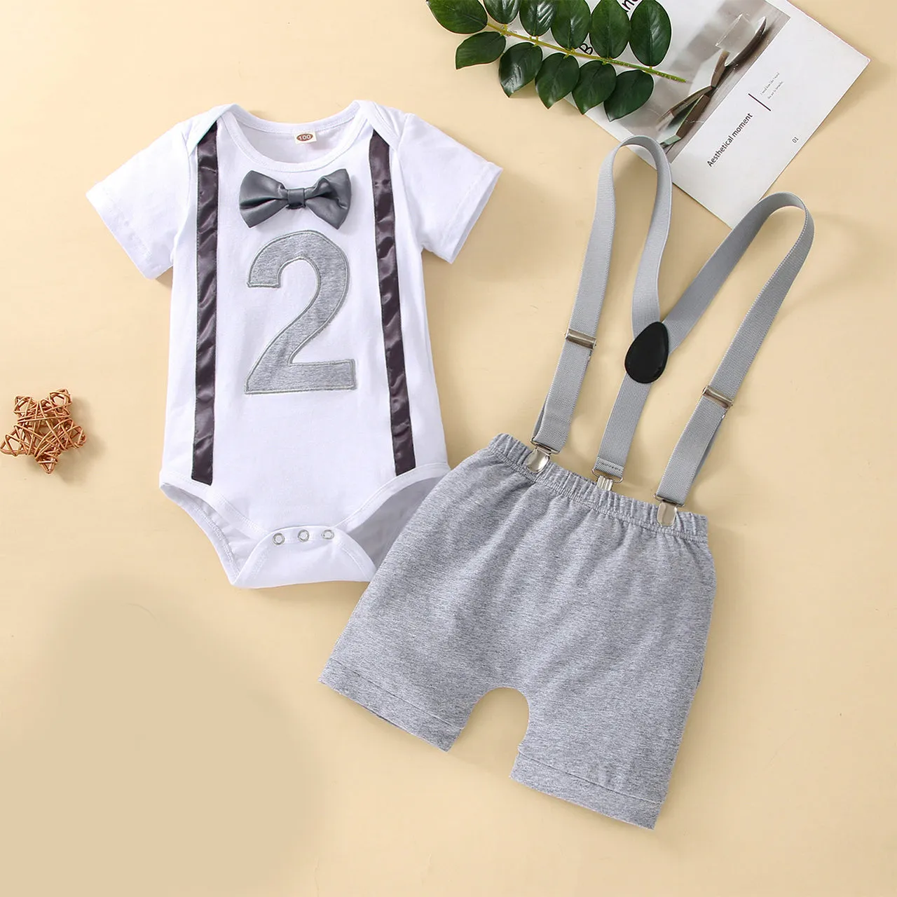 Babymoon 2nd Birthday Cake Smash Outfit |Romper & Suspender Costume | 2 Yr - Grey