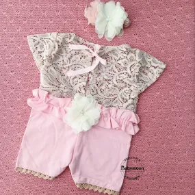 Babymoon Fusion Lace Romper with Hairband Photoshoot Props Costume - Pink A