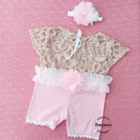 Babymoon Fusion Lace Romper with Hairband Photoshoot Props Costume - Pink B