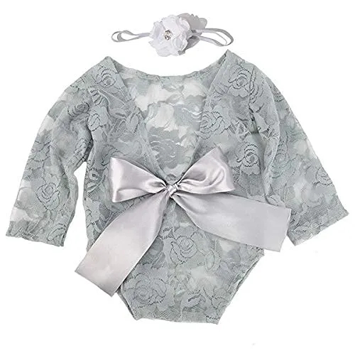 Babymoon Lace Romper with Hairband Photoshoot Props Costume - Grey