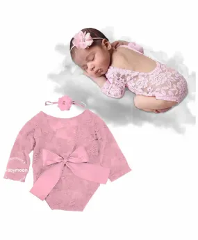 Babymoon Lace Romper with Hairband Photoshoot Props Costume -Pink