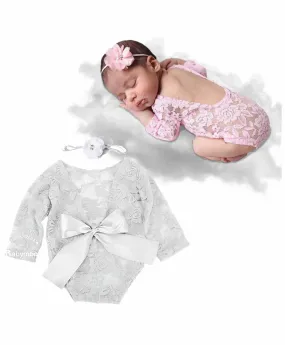 Babymoon Lace Romper with Hairband Photoshoot Props Costume - White