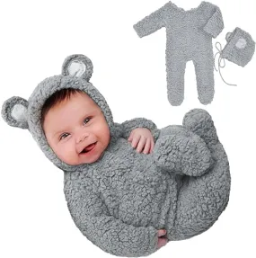 Babymoon Set of 2 | Fleece Suit with Infant Baby Bear Cap Hat | Baby Photography Props Costume | Baby Gift Set | 0-1Yr | Grey
