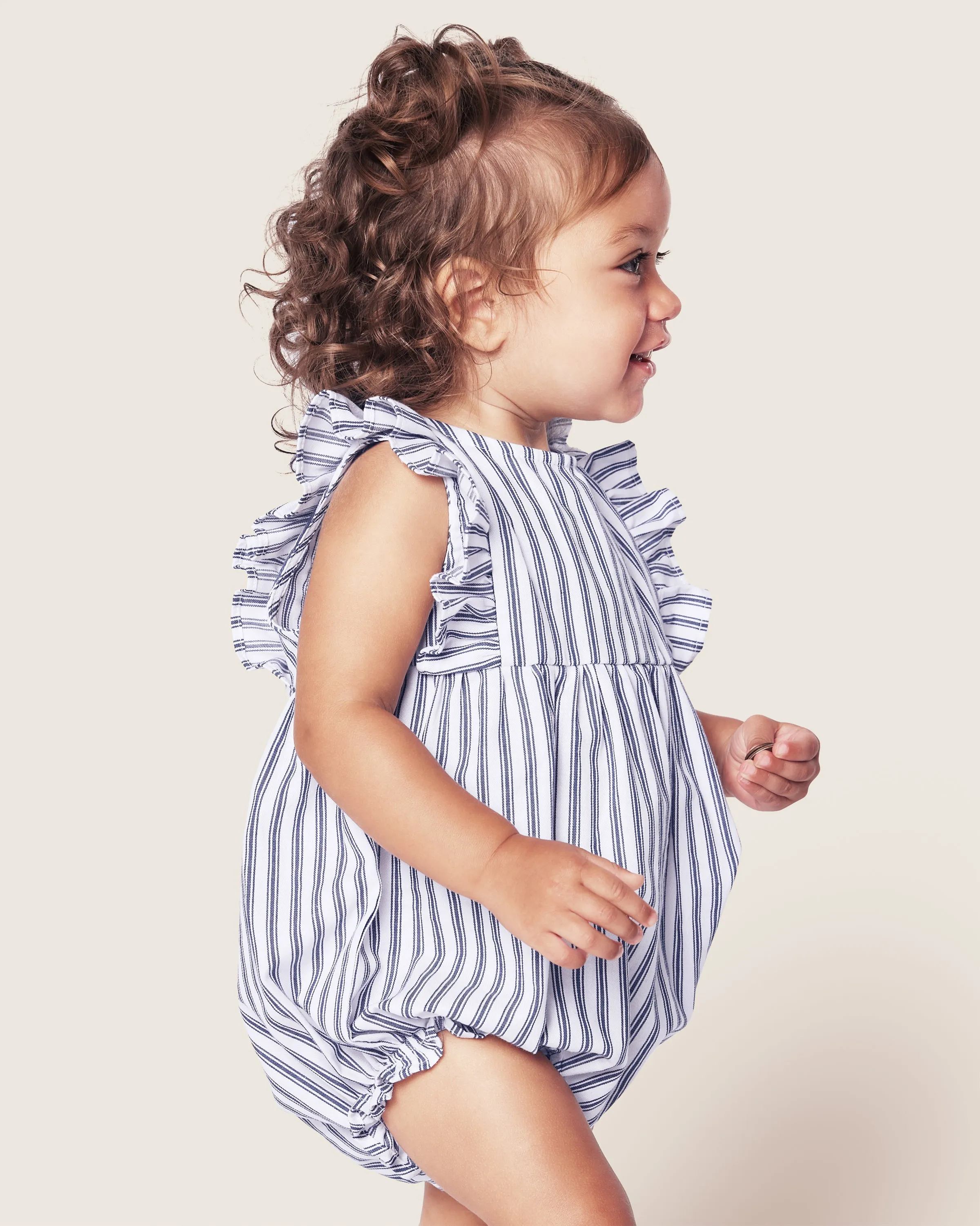 Baby's Twill Ruffled Rompers in Navy French Ticking
