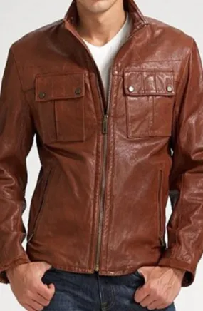 Bam Real Leather Jacket Men Brown Biker Motorcycle
