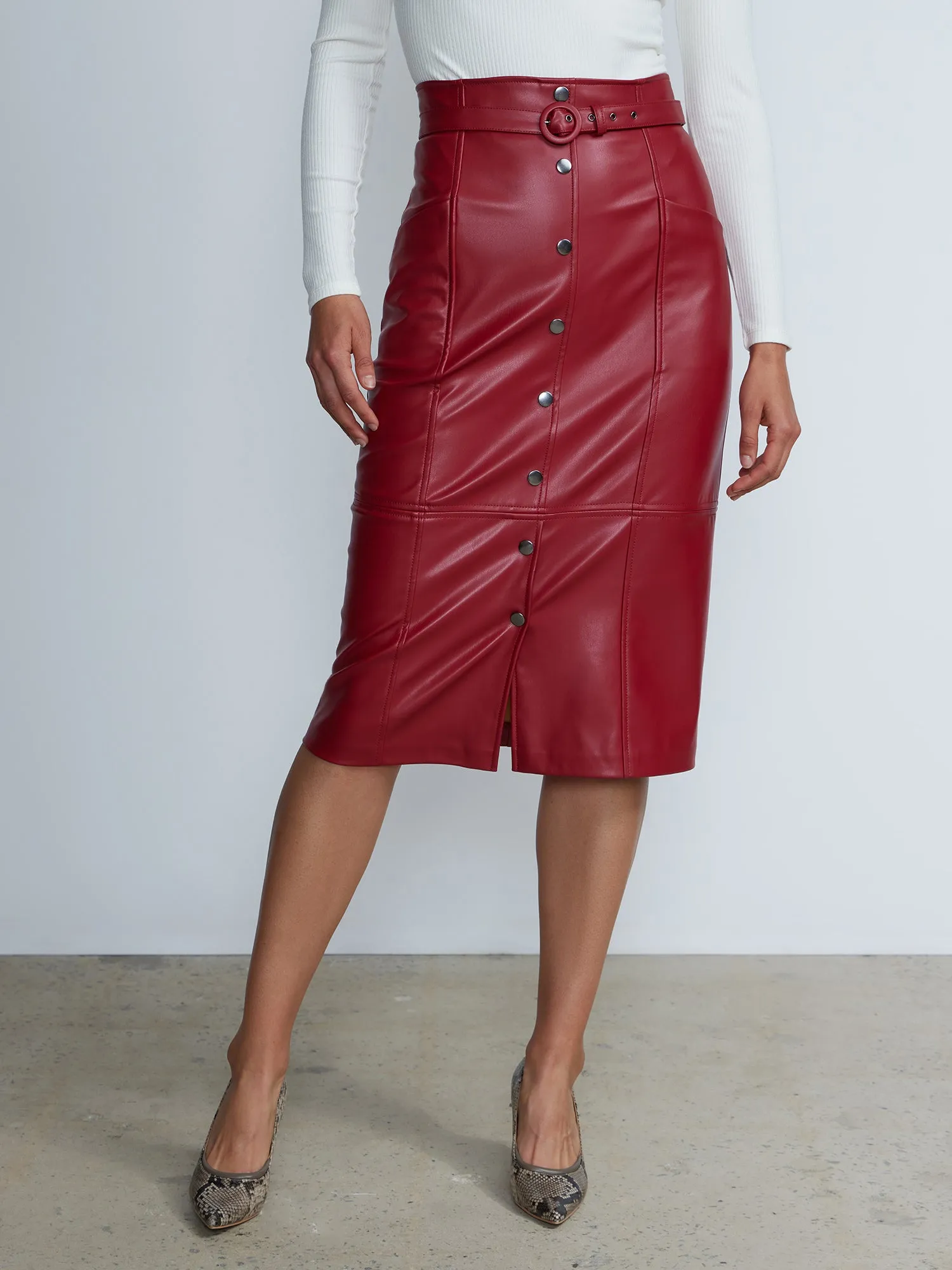 Belted Front-Button Midi Pencil Skirt