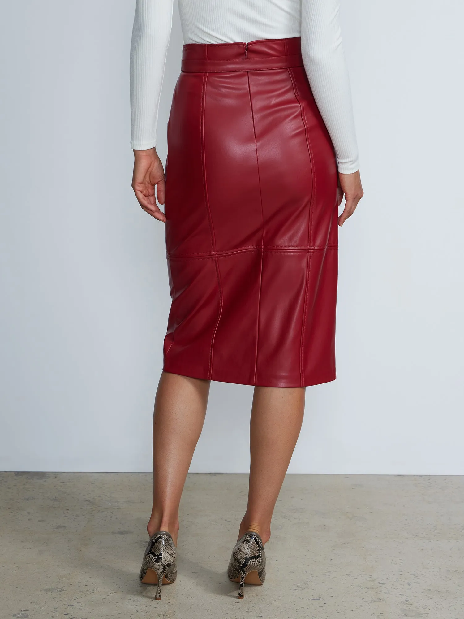 Belted Front-Button Midi Pencil Skirt
