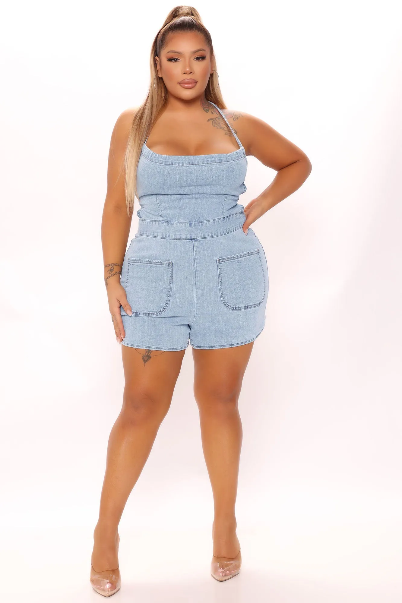Binded By Love Denim Romper - Light Blue Wash