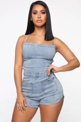Binded By Love Denim Romper - Light Blue Wash