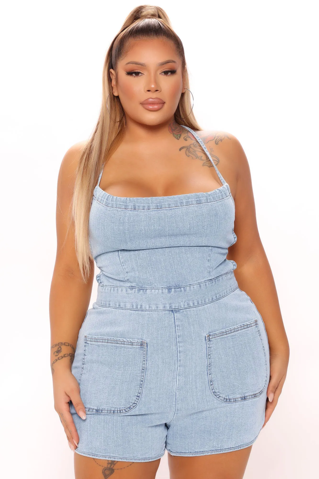 Binded By Love Denim Romper - Light Blue Wash