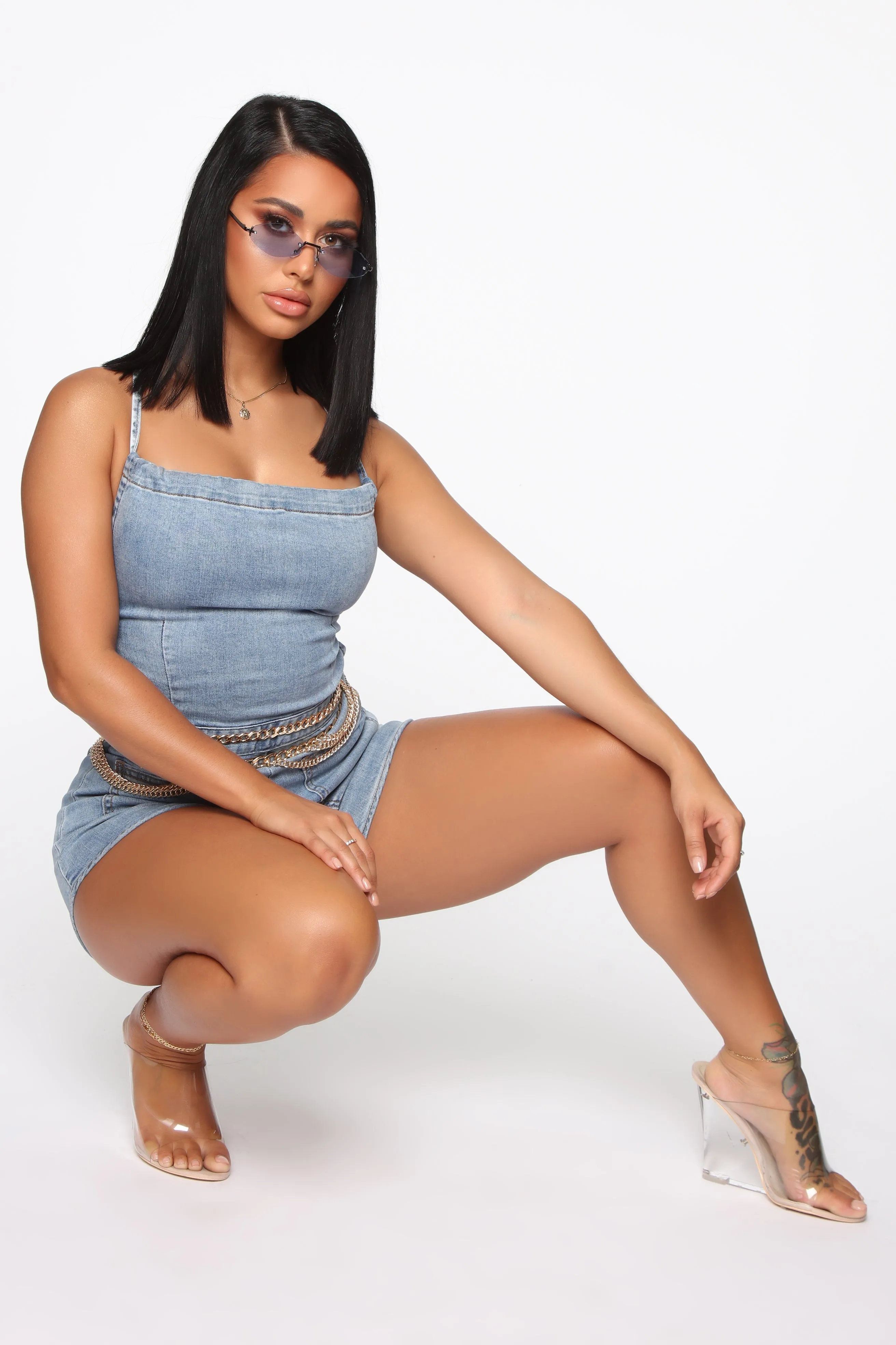 Binded By Love Denim Romper - Light Blue Wash