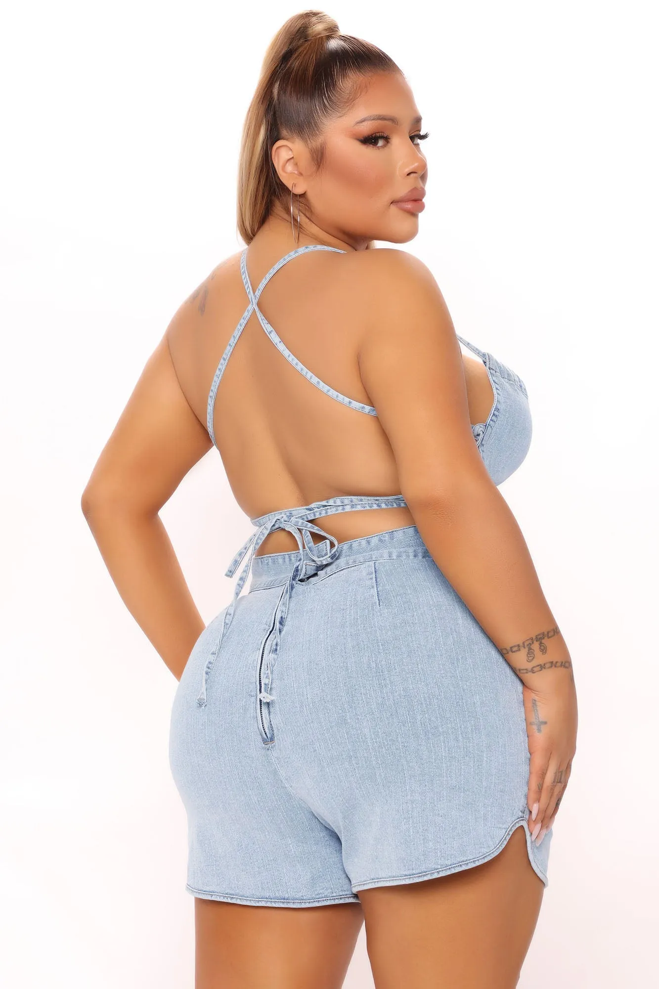 Binded By Love Denim Romper - Light Blue Wash