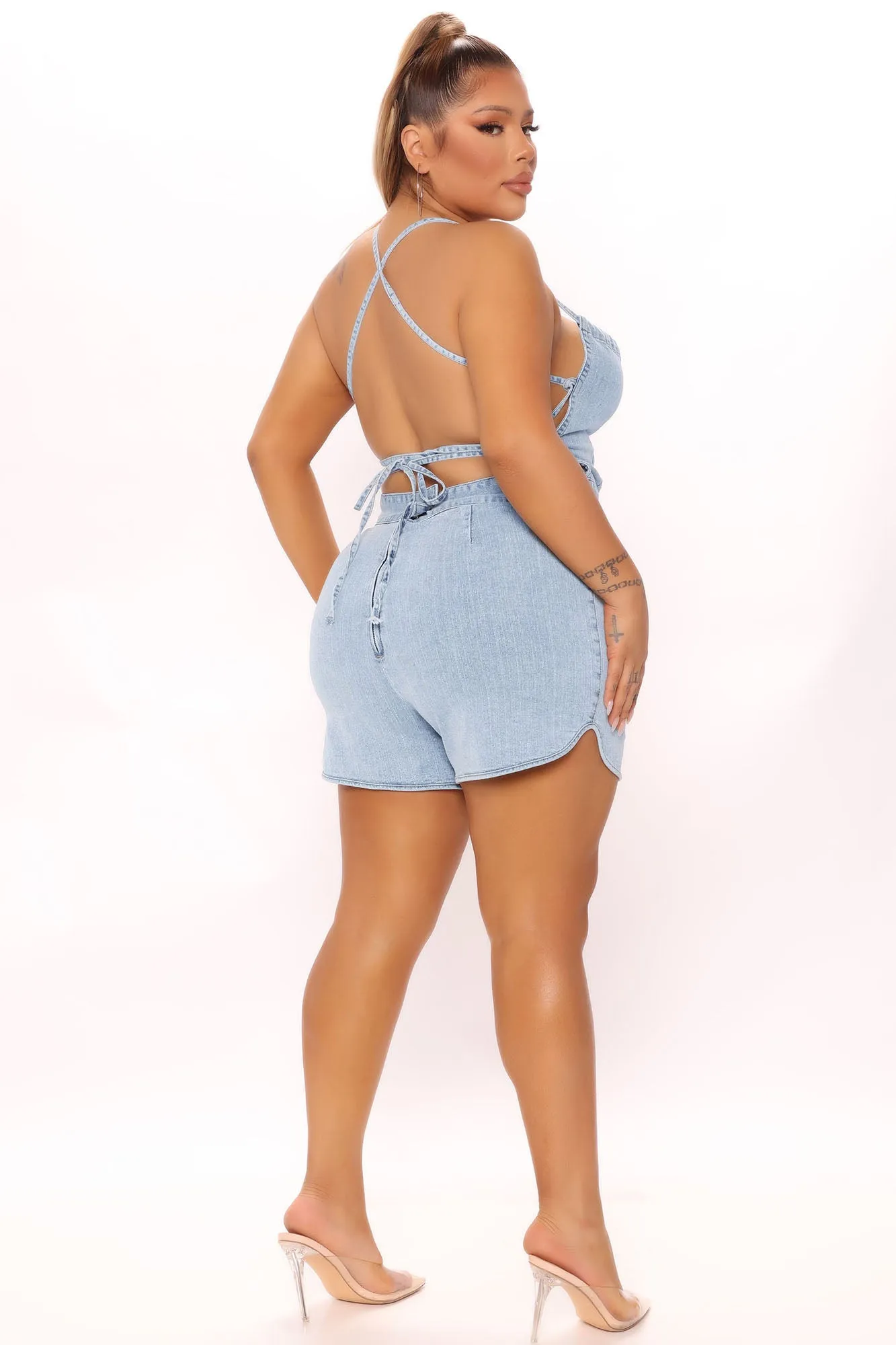 Binded By Love Denim Romper - Light Blue Wash