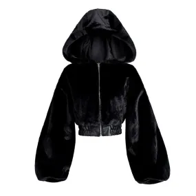Black Gothic Faux Fur Balloon Sleeve Cropped Hooded Jacket