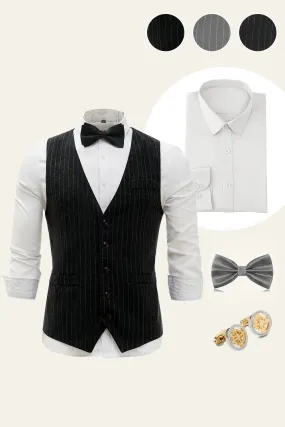 Black Pinstriped Men's Suit Vest 4-Piece Set