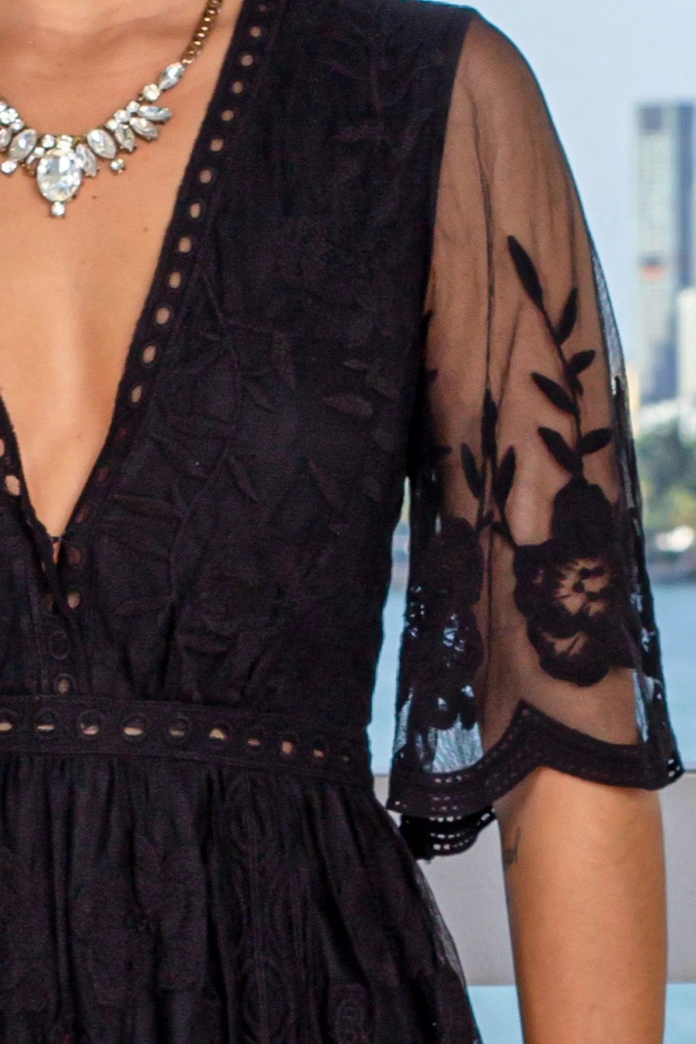 Black V-Neck Lace Romper