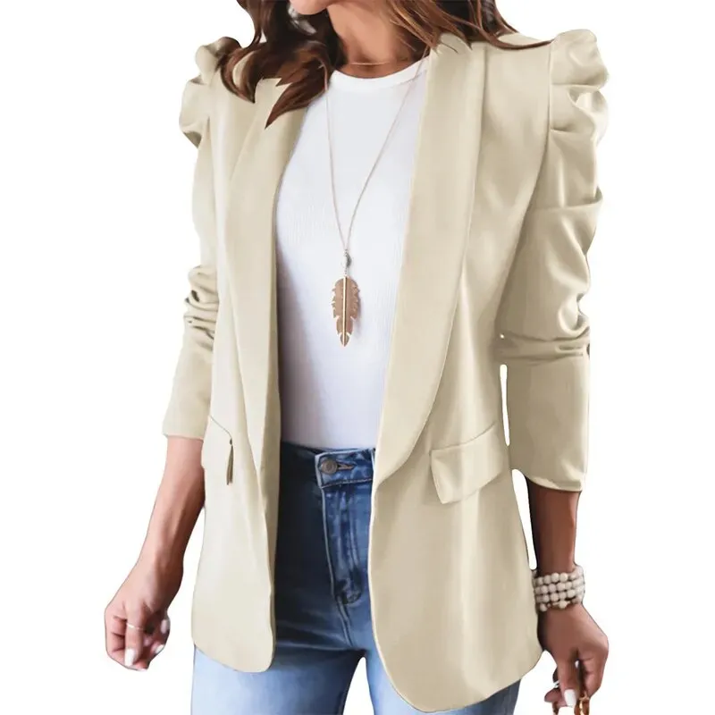 Blazer For Women Elegant Women's Puff Sleeve Jackets For Women Pocket Coats Casual Office Lady White Blazers