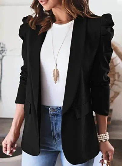 Blazer For Women Elegant Women's Puff Sleeve Jackets For Women Pocket Coats Casual Office Lady White Blazers