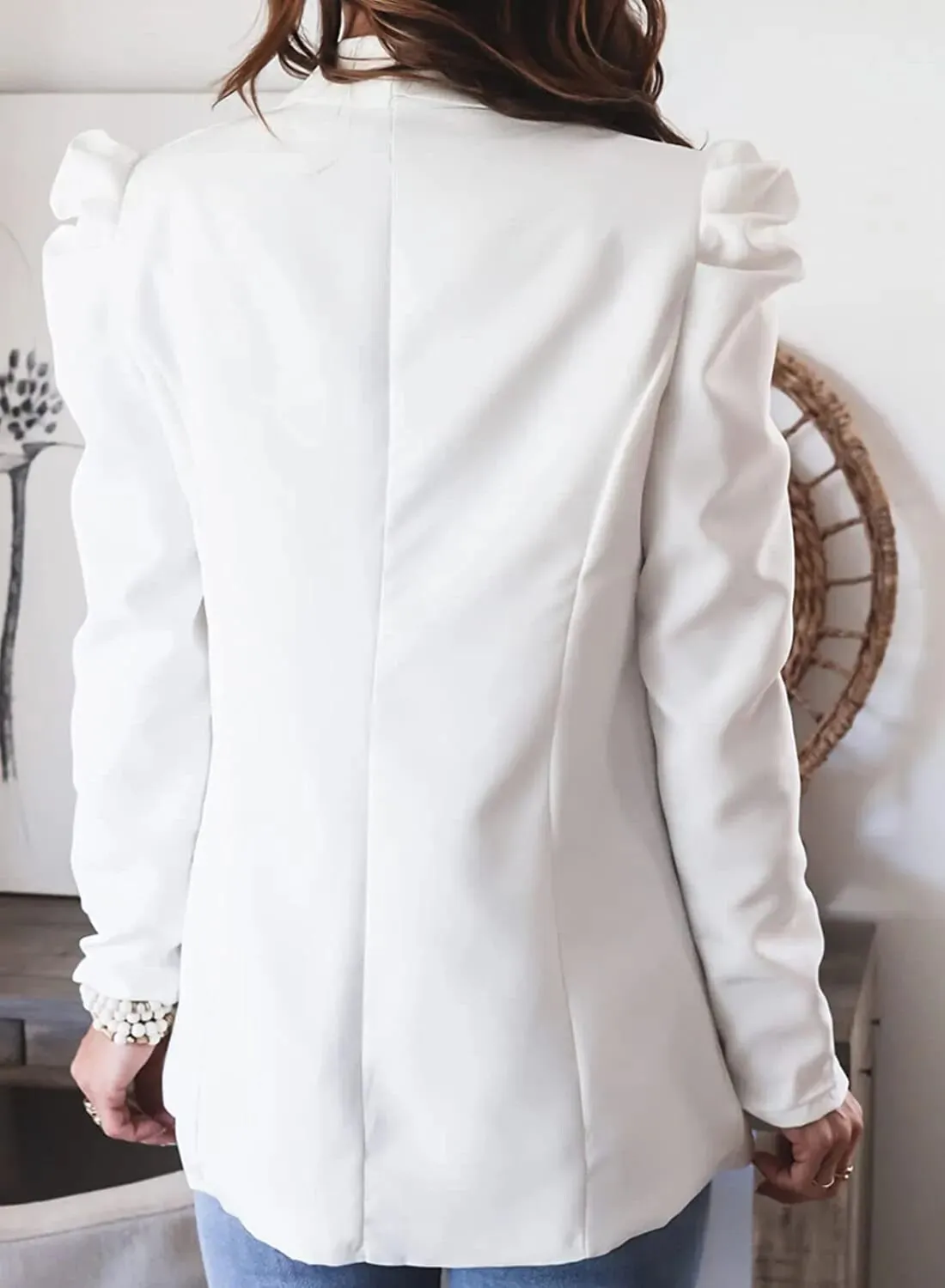Blazer For Women Elegant Women's Puff Sleeve Jackets For Women Pocket Coats Casual Office Lady White Blazers