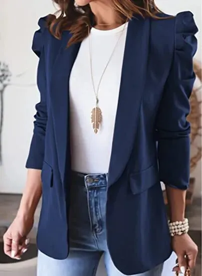 Blazer For Women Elegant Women's Puff Sleeve Jackets For Women Pocket Coats Casual Office Lady White Blazers