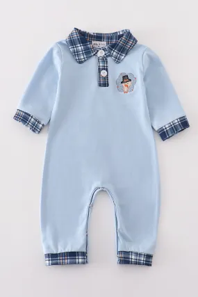Blue thanksgiving turkey embroidery boy romper