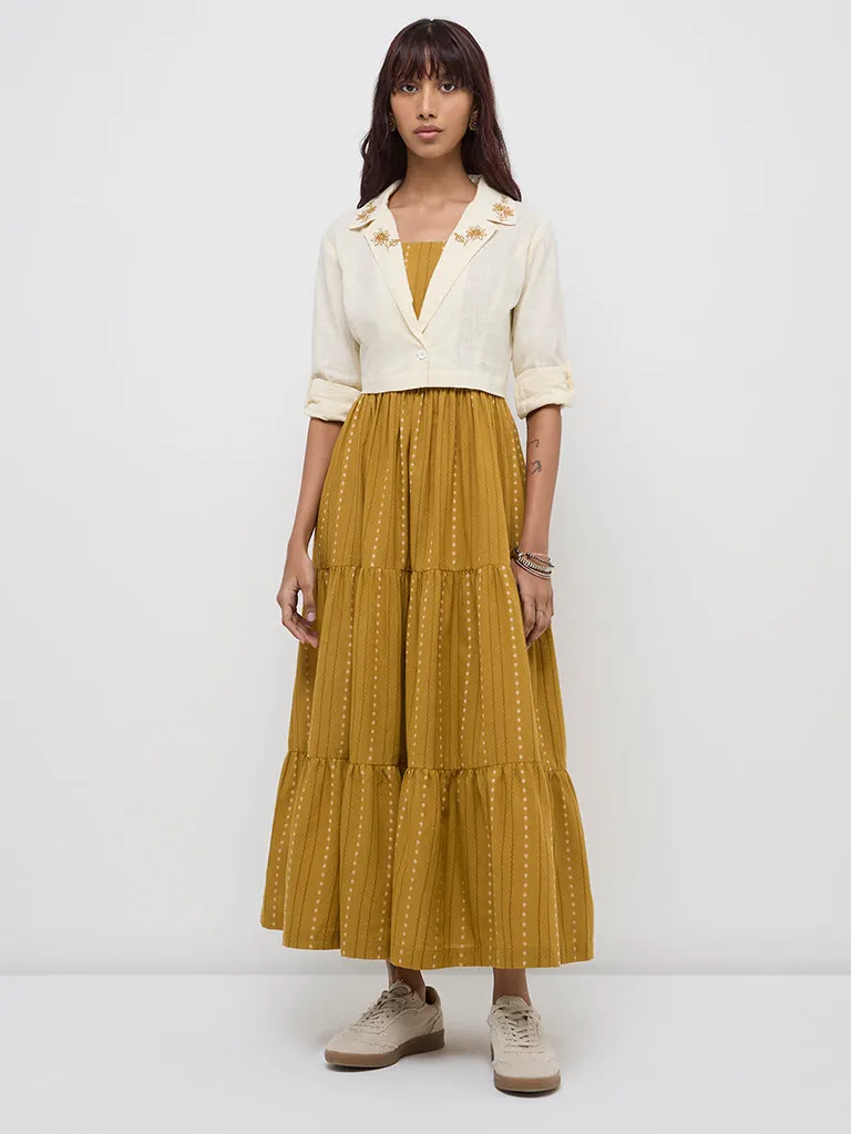 Bombay Paisley Mustard Striped Cotton Tiered Dress with Jacket