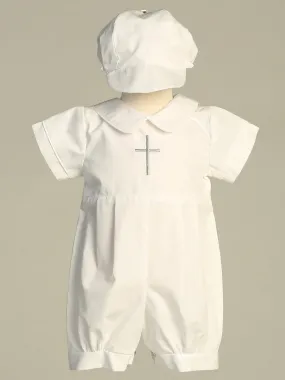 Boy's White Christening Romper With Cross Embroidery