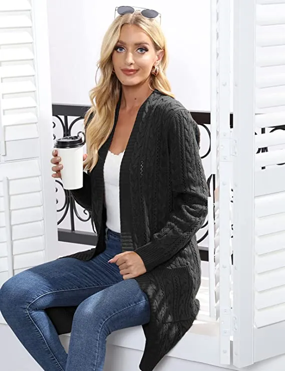 Bright Blue Women Open Front Cardigan Sweaters Pockets Long Sleeve Shrugs - GRACE KARIN