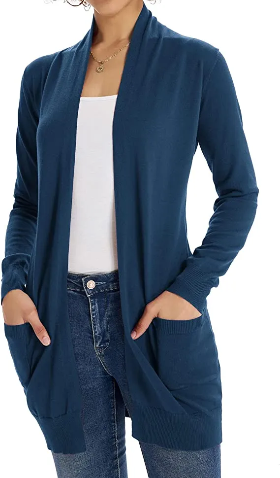 Bright Blue Women Open Front Cardigan Sweaters Pockets Long Sleeve Shrugs - GRACE KARIN