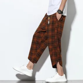 Brown Checked Linen Drawstring Cropped Pants